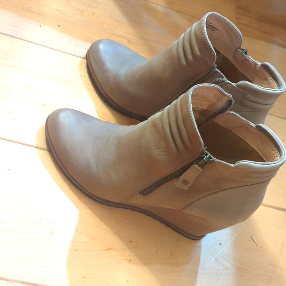 Gray leather booties
